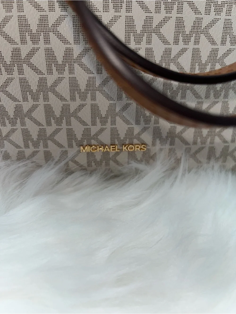 Michael Kors Beige MK Monogram Tote with Brown Trim and Straps